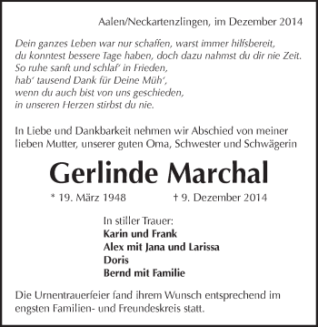 Traueranzeige von Gerlinde Marchal von Schwäbische Post