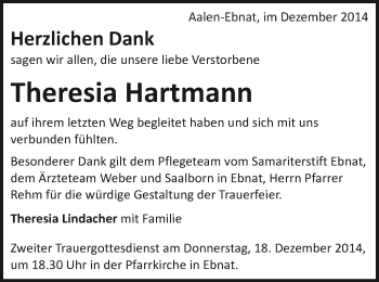 Traueranzeige von Theresia Hartmann von Schwäbische Post
