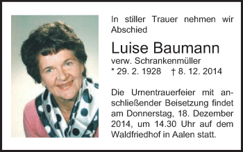 Traueranzeige von Luise Baumann von Schwäbische Post