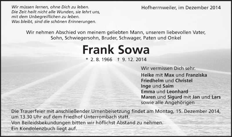  Traueranzeige für Frank Sowa vom 13.12.2014 aus Schwäbische Post