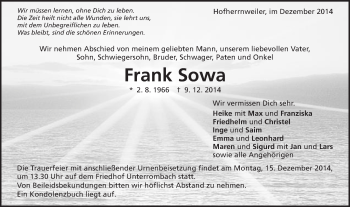 Traueranzeige von Frank Sowa von Schwäbische Post