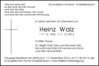 Traueranzeige von Heinz Walz von Gmünder Tagespost