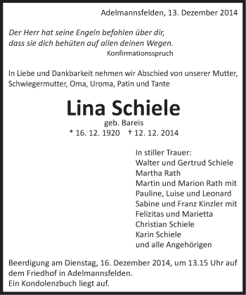 Traueranzeige von Lina Schiele von Schwäbische Post