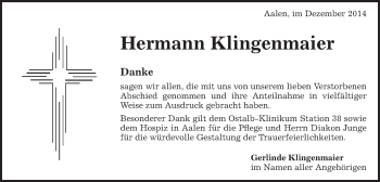 Traueranzeige von Hermann Klingenmaier von Schwäbische Post