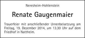 Traueranzeige von Renate Gaugenmaier von Schwäbische Post