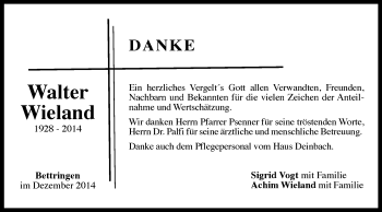 Traueranzeige von Walter Wieland von Gmünder Tagespost