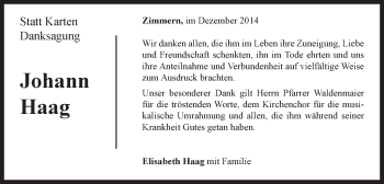 Traueranzeige von Johann Haag von Gmünder Tagespost