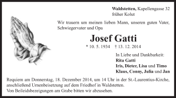 Traueranzeige von Josef Gatti von Gmünder Tagespost