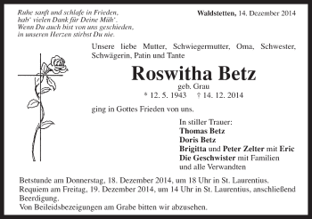 Traueranzeige von Roswitha Betz von Gmünder Tagespost