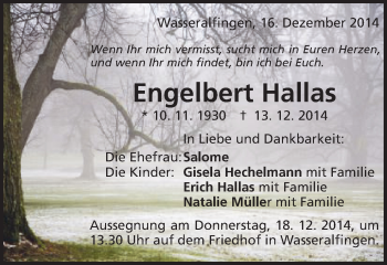 Traueranzeige von Engelbert Hallas von Schwäbische Post