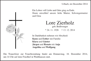 Traueranzeige von Lore Zierholz von Gmünder Tagespost