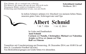 Traueranzeige von Albert Schmid von Gmünder Tagespost