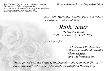 Traueranzeige von Ruth Saur von Gmünder Tagespost