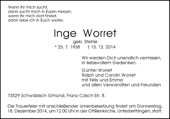 Traueranzeige von Inge Worret von Gmünder Tagespost