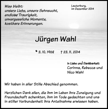 Traueranzeige von Jürgen Wahl von Schwäbische Post
