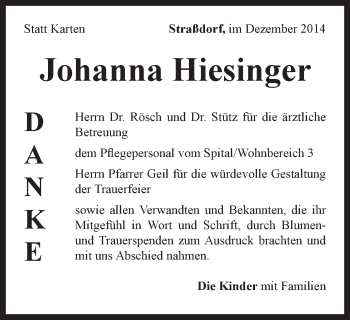 Traueranzeige von Johanna Hiesinger von Gmünder Tagespost