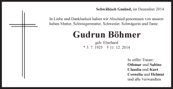 Traueranzeige von Gudrun Böhmer von Gmünder Tagespost