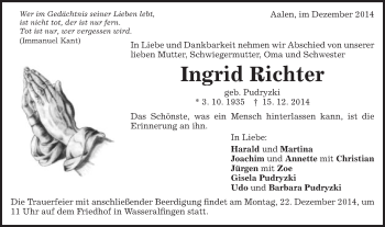 Traueranzeige von Ingrid Richter von Schwäbische Post