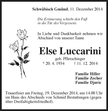 Traueranzeige von Else Luccarini von Gmünder Tagespost