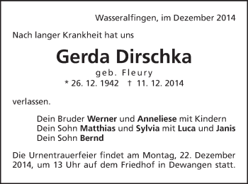 Traueranzeige von Gerda Dirschka von Schwäbische Post