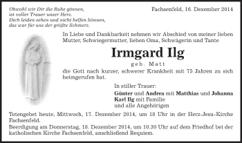 Traueranzeige von Irmgard Ilg von Schwäbische Post