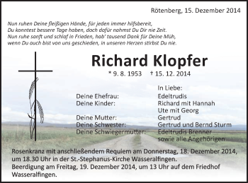 Traueranzeige von Richard Klopfer von Schwäbische Post