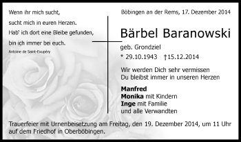 Traueranzeige von Bärbel Baranowski von Gmünder Tagespost