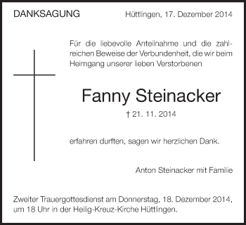 Traueranzeige von Fanny Steinacker von Schwäbische Post