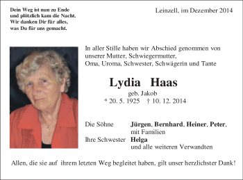 Traueranzeige von Lydia Haas von Gmünder Tagespost