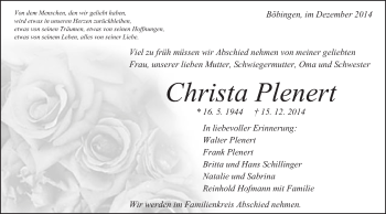 Traueranzeige von Christa Plenert von Gmünder Tagespost