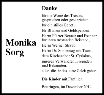 Traueranzeige von Monika Sorg von Gmünder Tagespost