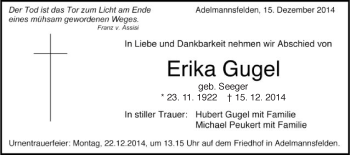 Traueranzeige von Erika Gugel von Schwäbische Post