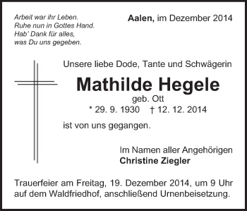 Traueranzeige von Mathilde Hegele von Schwäbische Post