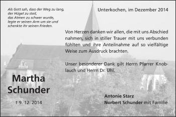 Traueranzeige von Martha Schunder von Schwäbische Post