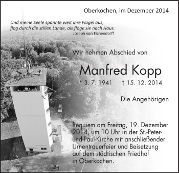 Traueranzeige von Manfred Kopp von Schwäbische Post