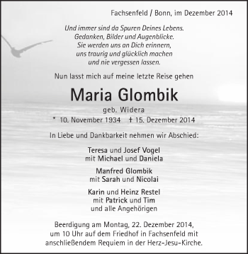 Traueranzeige von Maria Glombik von Schwäbische Post
