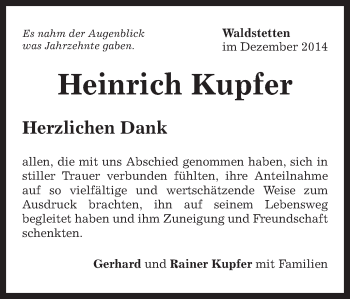 Traueranzeige von Heinrich Kupfer von Gmünder Tagespost