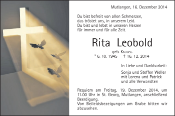 Traueranzeige von Rita Leobold von Gmünder Tagespost