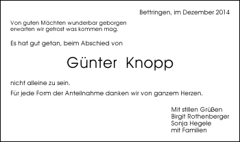 Traueranzeige von Günter Knopp von Gmünder Tagespost