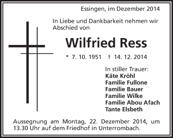 Traueranzeige von Wilfried Ress von Schwäbische Post