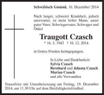 Traueranzeige von Traugott Czasch von Gmünder Tagespost