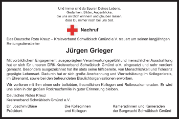 Traueranzeige von Jürgen Grieger von Gmünder Tagespost