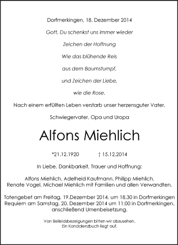 Traueranzeige von Alfons Miehlich von Schwäbische Post