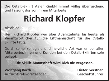 Traueranzeige von Richard Klopfer von Schwäbische Post