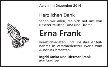 Traueranzeige von Erna Frank von Schwäbische Post