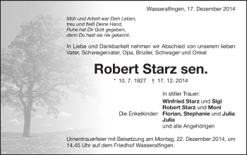 Traueranzeige von Robert Starz von Schwäbische Post