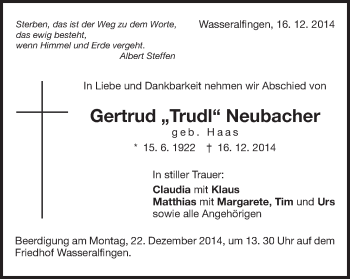 Traueranzeige von Gertrud Neubacher von Schwäbische Post