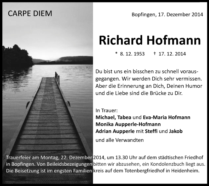  Traueranzeige für Richard Hofmann vom 19.12.2014 aus Schwäbische Post