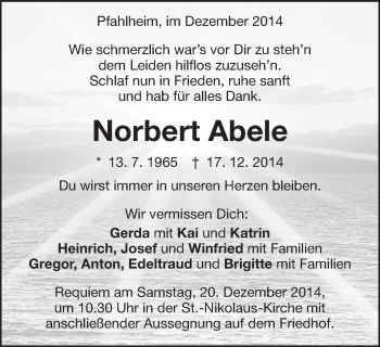 Traueranzeige von Norbert Abele von Schwäbische Post