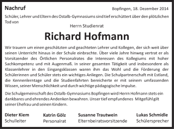 Traueranzeige von Richard Hofmann von Schwäbische Post